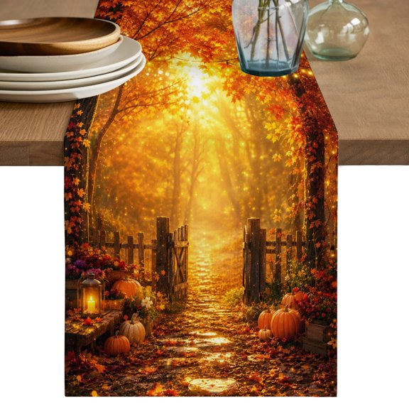 Golden Maple Forest Table Runner, Hour Secret Garden Stone Pathway Pumpkins Cotton Linen Table Cloth, Tablerunner for Kitchen Dining Party Wedding Home Decor 13x36 Inch
