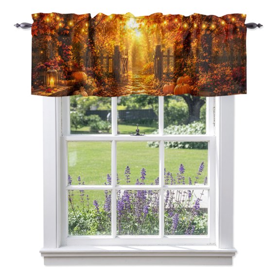 Golden Maple Forest Valances for Windows, Hour Secret Garden Stone Pathway Pumpkins Valance Window Treatment Rod Pocket Short Curtains Valances for Kitchen Bathroom 42"W x 12"L