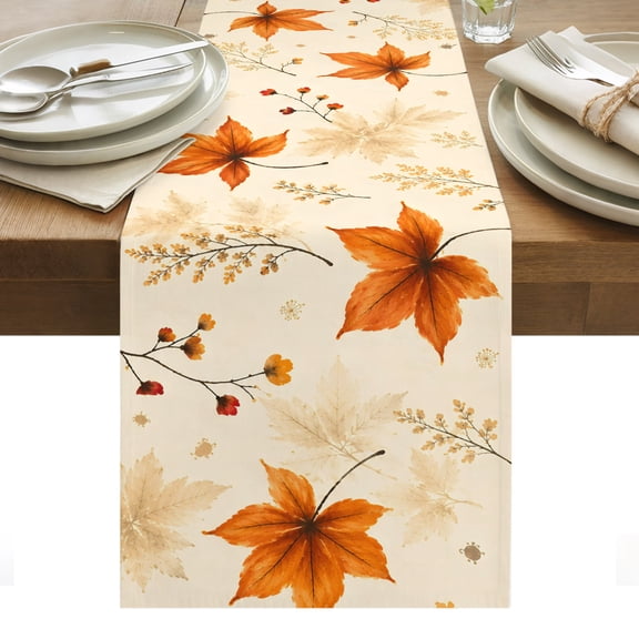 Golden Maple Leaf Table Runner, Fall Small Berry Stems Cottagecore Country Washable Kitchen Table Runners Dress Scarves for Dining Table Decorations Party/Restaurant/Indoor Outdoor Use, 13x36in