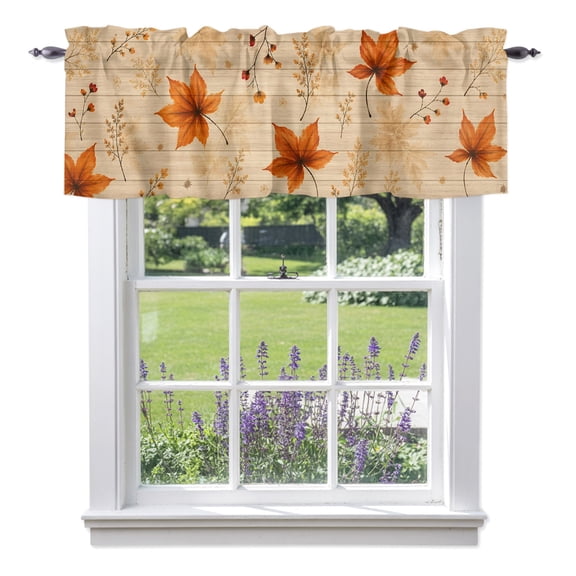 Golden Maple Leaf Valances for Windows, Fall Small Berry Stems Cottagecore Country Wood Grain Rod Pocket Short Window Valance Curtains Holiday Window Treatment for Kitchen Bathroom 60" x 14"