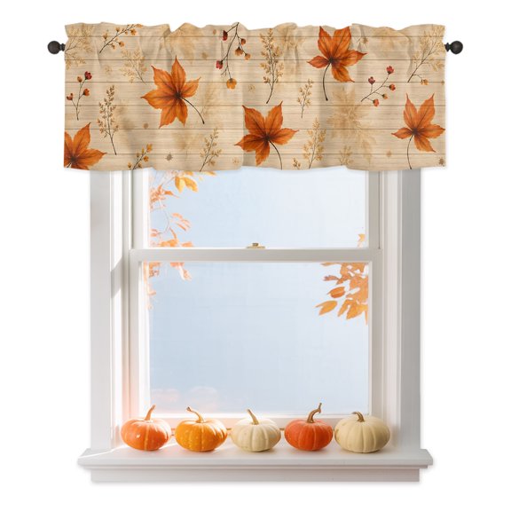 Golden Maple Leaf Valances for Windows, Fall Small Berry Stems Cottagecore Country Wood Grain Rod Pocket Valance Short Window Treatments Curtains for Kitchen Bathroom Bedroom Decor, 60 x 18 Inches