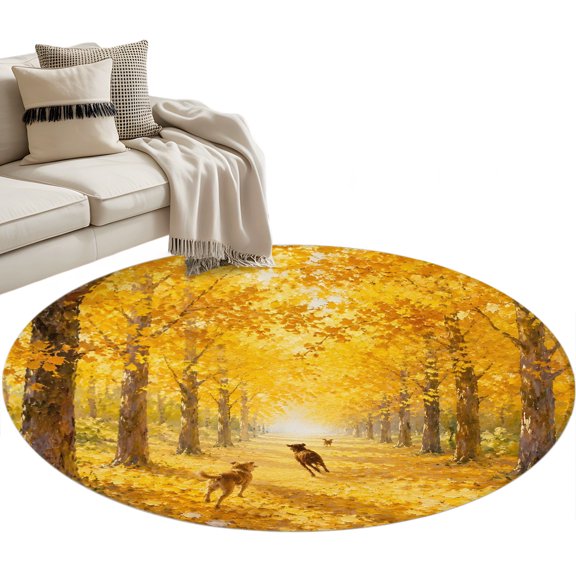 Golden Maple Leaves Fall Round Rug 3ft Washable Circle Entryway Rugs Non Slip Dogs Autumn Walking Path Area Rug Indoor Floor Carpet for Bedroom Kitchen Living Room Home Office Dining Room Nursery