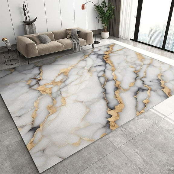 Golden Marble Area Rug, Luxurious White and Silver Textured Small Rugs, Washable Breathable Carpet for Front Entrance Floor Decor 2' x 3'
