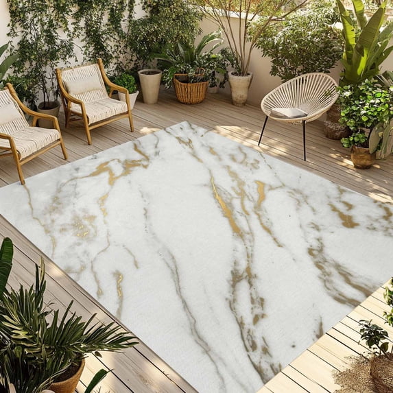 Golden Marble Outdoor Rug 3x5 Ft - Reversible Patio Rug Outdoor Camping Rugs, Abstract Modern Minimalist Art Washable Indoor Outdoor Area Rugs, Non-Slip Outdoor Carpet Runner for Deck/Porch
