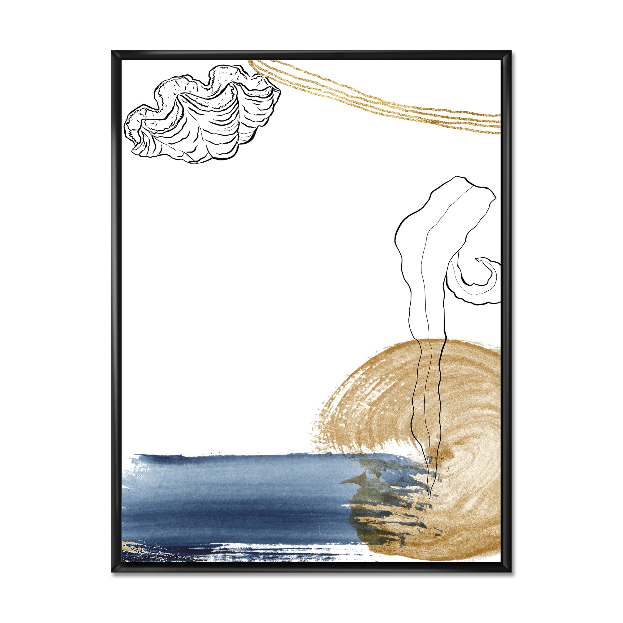 Golden Marine Shell Classic Blue Abstract 24 in x 32 in Framed Painting Canvas Art Print, by Designart