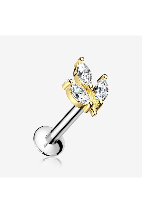 Golden Marquise Sparkle Leaf Top Threadless Push-In Steel Labret