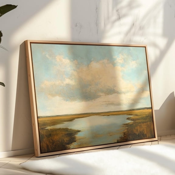 Golden Marshland Landscape Wall Art – Warm Nature Scene With Reflections And Blue Sky For Tranquil Rustic Or Coastal Decor Wall Art, Modern Wall Decor, 24x36 UNFRAMED