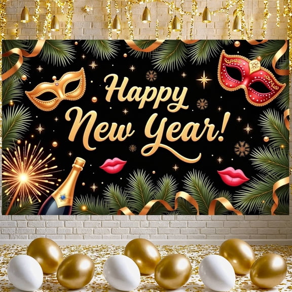 Golden Mask Happy New Year Banner Red Mask New Year Display Champagne Bottle Firework Design Festive Backdrop for New Year Party Holiday Celebration Masquerade Event