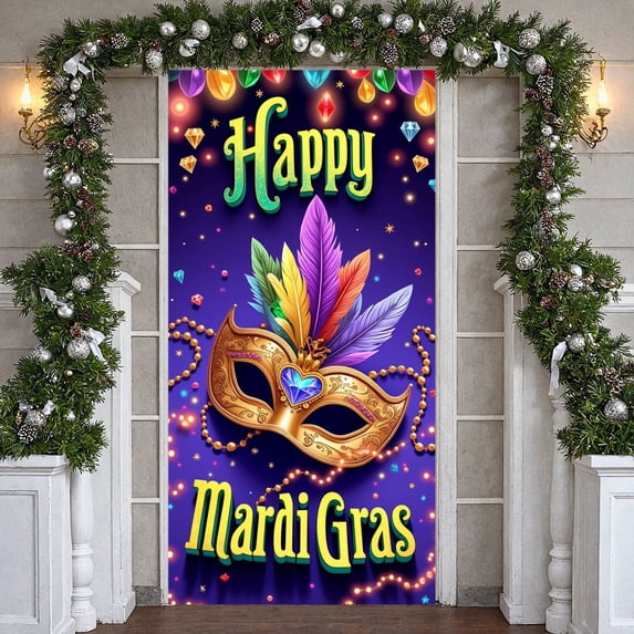 Golden Mask Mardi Gras Banner Colorful Feathers Carnival Backdrop Bead Decoration Accents Masquerade Background for Carnival Party Masquerade Ball Festival Celebration