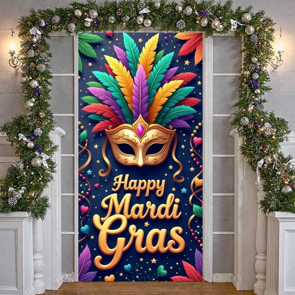 Golden Mask Mardi Gras Banner Colorful Feathers Carnival Display Ornate Design Star Elements Masquerade Backdrop for Mardi Gras Party Carnival Celebration Masquerade Ball