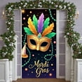 thumbnail image 1 of Golden Mask Mardi Gras Banner Colorful Feathers Carnival Display Purple Green Gold Beaded Decoration Festive Backdrop for Carnival Party Mardi Gras Celebration Festival Parade, 1 of 9