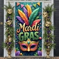 thumbnail image 1 of Golden Mask Mardi Gras Banner Colorful Feathers Carnival Display Purple Green Gold Beaded Decoration Festive Backdrop for Carnival Party Mardi Gras Celebration Festival Parade, 1 of 9