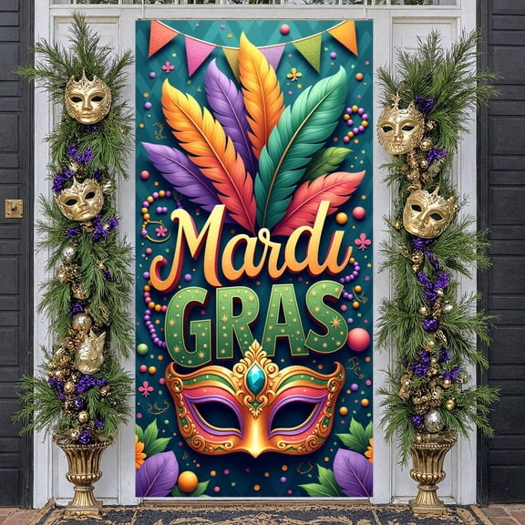 Golden Mask Mardi Gras Banner Colorful Feathers Carnival Display Purple Green Gold Beaded Decoration Festive Backdrop for Carnival Party Mardi Gras Celebration Festival Parade