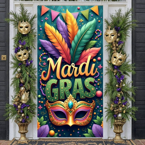 Golden Mask Mardi Gras Banner Colorful Feathers Carnival Display Purple Green Gold Beaded Decoration Festive Backdrop for Carnival Party Mardi Gras Celebration Festival Parade