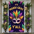 thumbnail image 1 of Golden Mask Mardi Gras Banner Colorful Feathers Carnival Display Purple Green Gold Beaded Decoration Festive Backdrop for Carnival Party Mardi Gras Celebration Festival Parade, 1 of 9