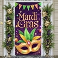 thumbnail image 1 of Golden Mask Mardi Gras Banner Green Yellow Feathers Carnival Display Colorful Balloons Triangular Flags Festival Backdrop for Mardi Gras Party Carnival Celebration Masquerade Ball, 1 of 9