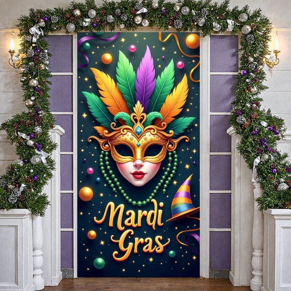 Golden Mask Mardi Gras Banner Green Yellow Feathers Carnival Display Colorful Balloons Triangular Flags Festival Backdrop for Mardi Gras Party Carnival Celebration Masquerade Ball