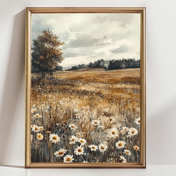 Golden Meadow Wildflower Field Wall Art Peaceful Countryside Landscape Print Summer Nature Scene Rustic Floral Decor For Living Room Wall Art