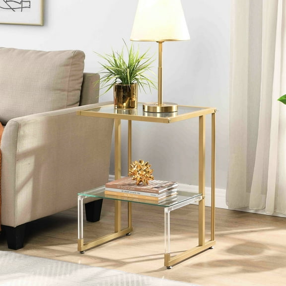 Golden Metal & Acrylic 2 End Table For Living Room And Bedroom. Contemporary Design With Firm Build. 5mm Tempered Glass Surfaces. L-shape Transparent Holder. Easy Assembly Furniture. 22lbs Top