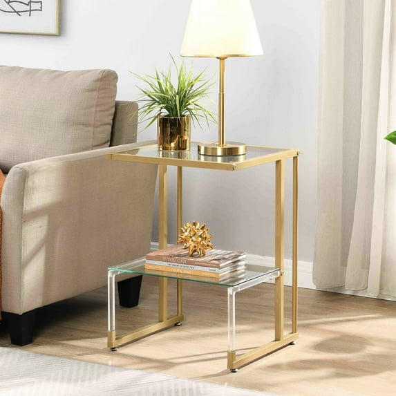 Golden Metal & Acrylic 2 End Table For Living Room And Bedroom. Contemporary Design With Firm Build. 5mm Tempered Glass Surfaces. L-shape Transparent Holder. Easy Assembly Furniture. 22lbs Top