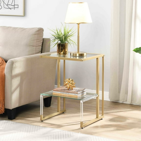 Golden Metal & Acrylic 2 End Table For Living Room And Bedroom. Modern Style With Build. 5mm Tempered Glass Surfaces. L-shape Transparent Support. Easy Assembly Furniture. 22lbs Top Capacity, 8.8lbs
