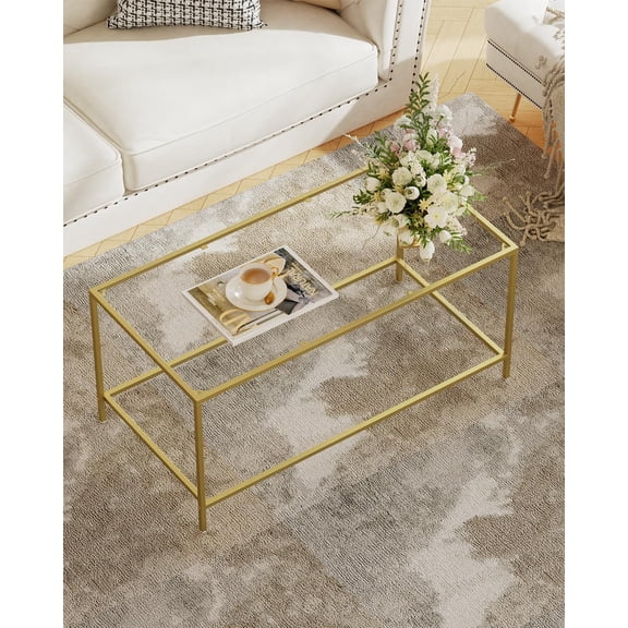 Golden Metal Frame Glass Coffee Table, Modern Rectangular Center Table For Living Room, Minimalist Design, 39.4 X 19.7 X 17.7 Inches