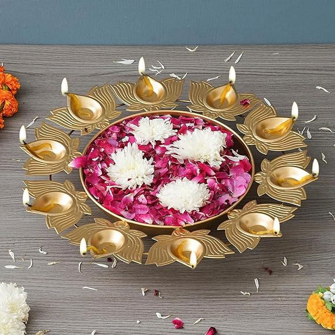 Golden Metal Handcrafted Traditional Designer Urli with 9 Lotus Shape Diyas - Perfect for Home Decor and a Unique Gift for Diwali, Housewarming, and Festive Celebrations