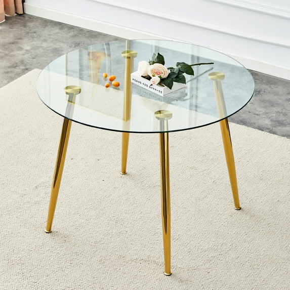 Golden Metal Legs Table With 40 Inch Diameter Mirrored Glass Tabletop Dining Transparent Top
