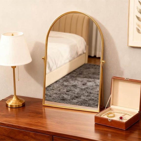 Golden Metal Mirror  Table Desk Arch Makeup Bathroom Mirror Rotation Framed Standing Mirrors 90?Adjustable Room Decor for Living Room,Bedroom,Tabletop