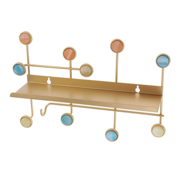 Golden Metal Wall Mounted Storage Shelf With Coat Hanger Hooks