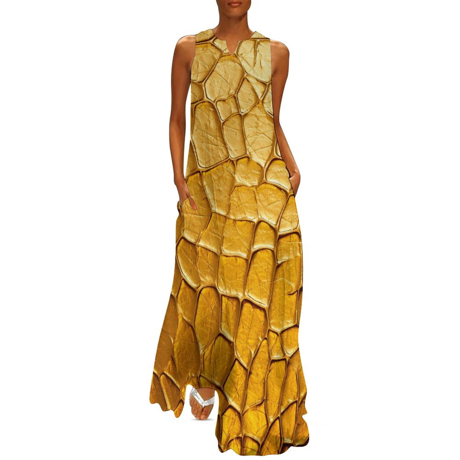 Ladies' Golden Tribal Long Dress - Casual Lace Round Neck for Summer main image 1