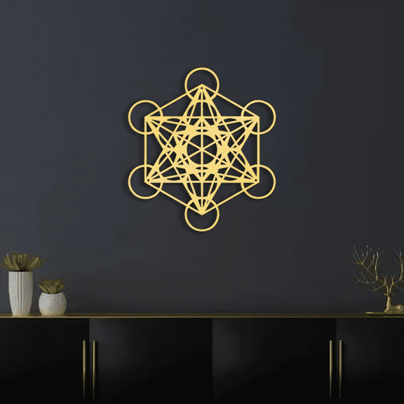 Golden Metatron’s Cube Metal Wall Art, Geometric Decor for Home or Office