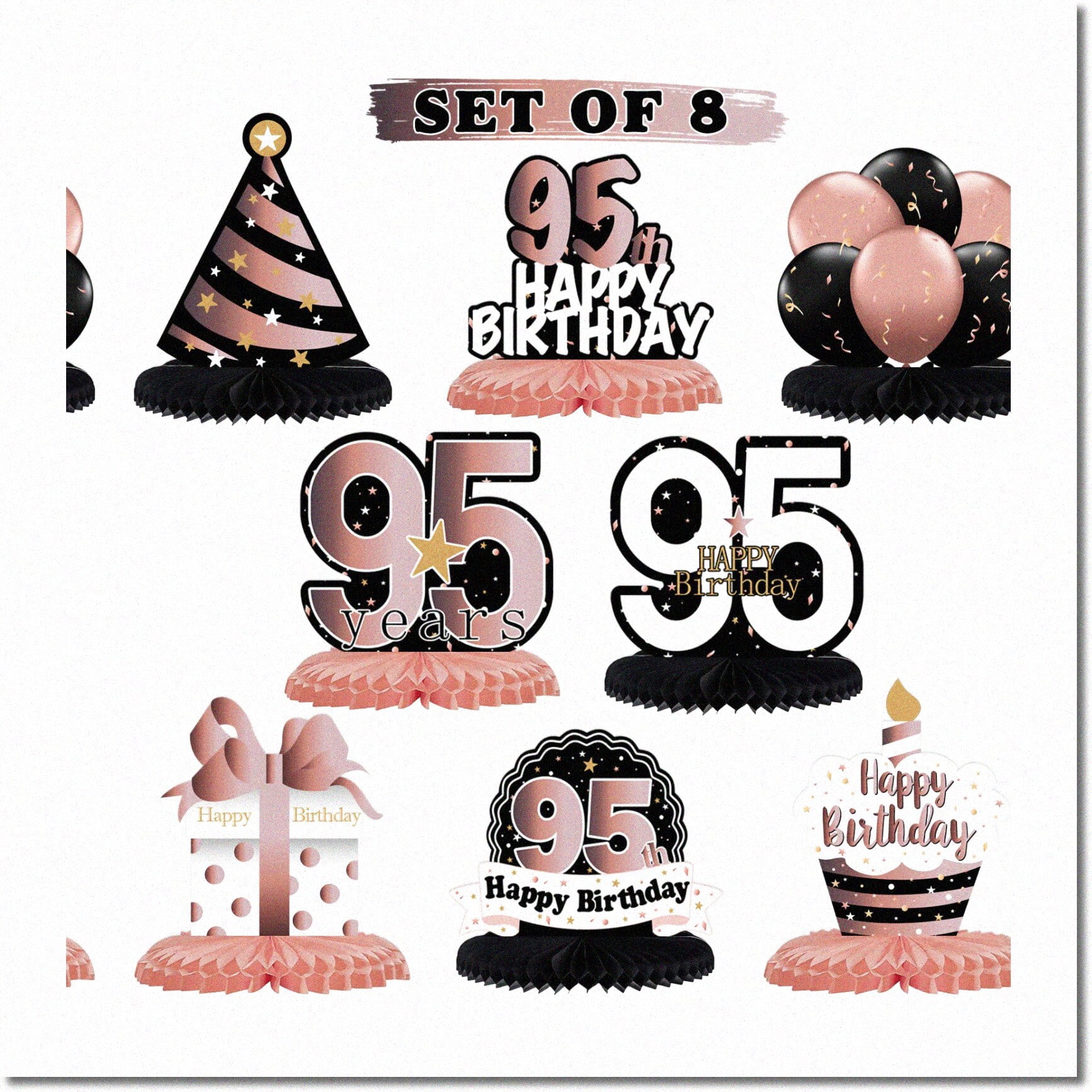 Happy 95th Birthday Honeycomb Centerpieces - Set Of 8 Red & Black Table Decorations For Women's Party