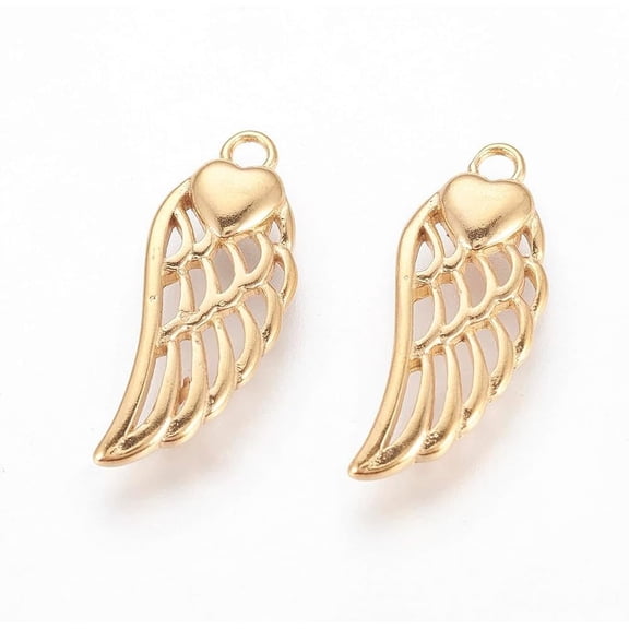 Golden Mini Angel Wing with Heart Pendant 316 Stainless Steel Metal Wing Pendant 20x8x3mm Angel Wing with Heart Charms Metal Curved Sideways Charms With 1.6mm Hole