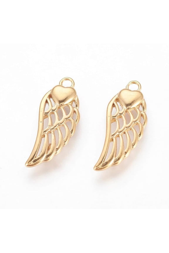 Golden Mini Angel Wing with Heart Pendant 316 Stainless Steel Metal Wing Pendant 20x8x3mm Angel Wing with Heart Charms Metal Curved Sideways Charms With 1.6mm Hole for Jewelry Making for DIY