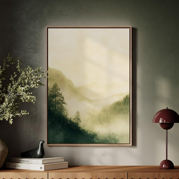 Golden Misty Mountain Landscape Wall Art, Serene Nature Print, Minimalist Forest Decor, Neutral Toned Artwork For Home Or Office Wall Art, Modern Wall Decor, 8x12 UNFRAMED