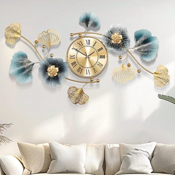 Golden Modern 3D Ginkgo Leaf Wall Clock, Large Silent Creative Decorative Metal Wall Clock, Decorative Timepiece for Living Room, Bedroom and Kitchen