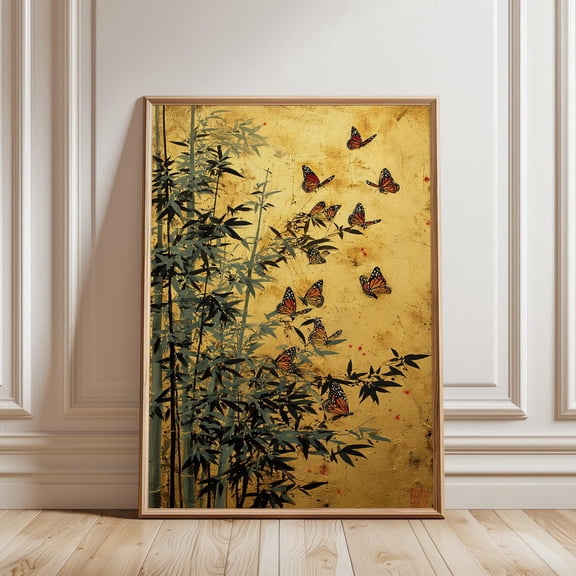Golden Monarch Butterfly And Bamboo Wall Art Print