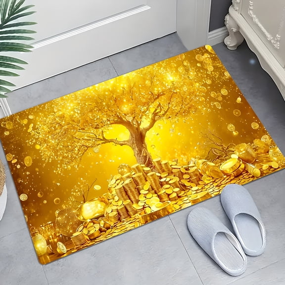 Golden Money Tree Coin Pattern Print Flannel Floor Mat Non Slip Washable Rug Gift Home Decor