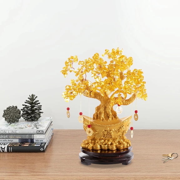 Golden Money Tree Decoration, 11.02in Crystal & Resin with Ingot Base, DIY Shape Design for Wealth Attraction, Ideal for Home Office Gift Giving