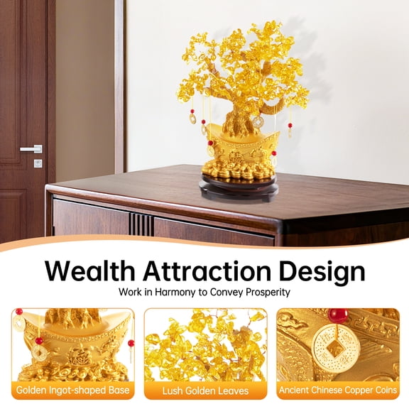Golden Money Tree Tabletop Decoration Feng Shui Good Luck Fortune Symbol with Crystal Coins for Office, Home