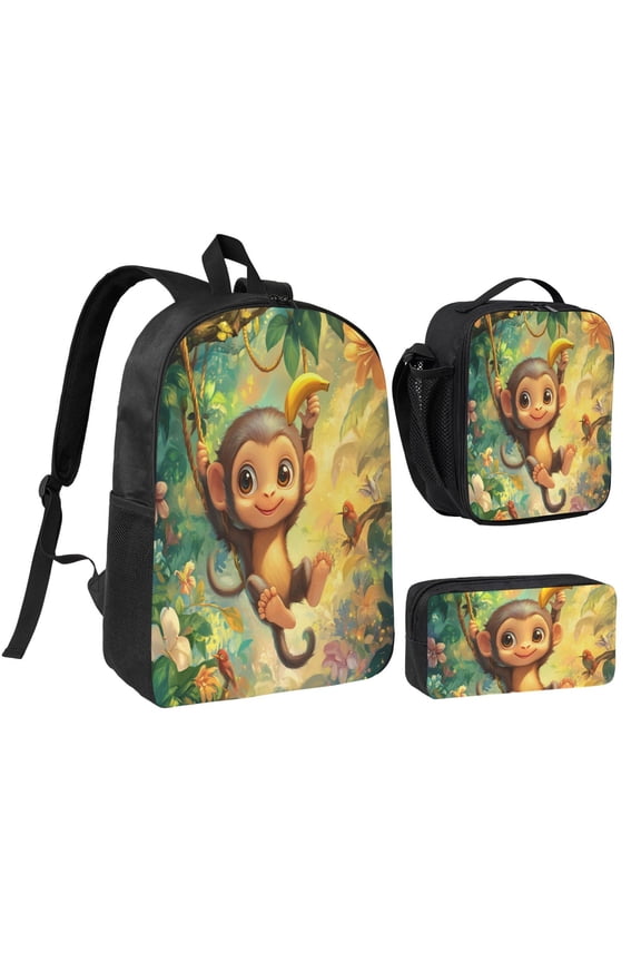 Golden Monkey Backpack 17 Inch Set with Lunch Bag and CaseDurableTravel Bag Combo for Work Commuting Daily Use