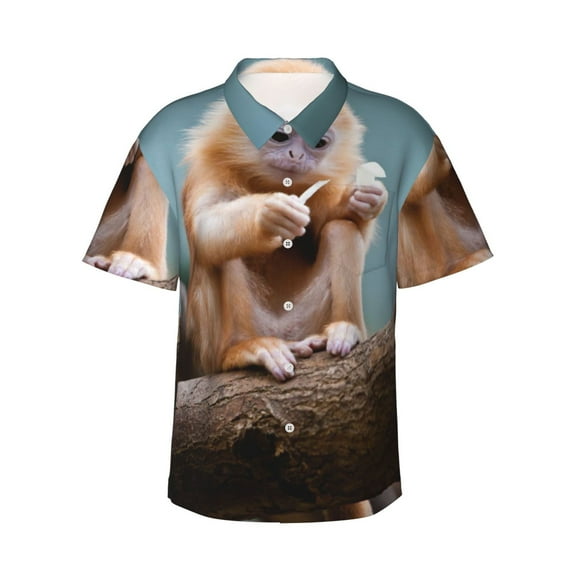 Golden Monkey Men'S 3d Print Casual Button Down Shirts, Novelty Hawaiian Short Sleeves L