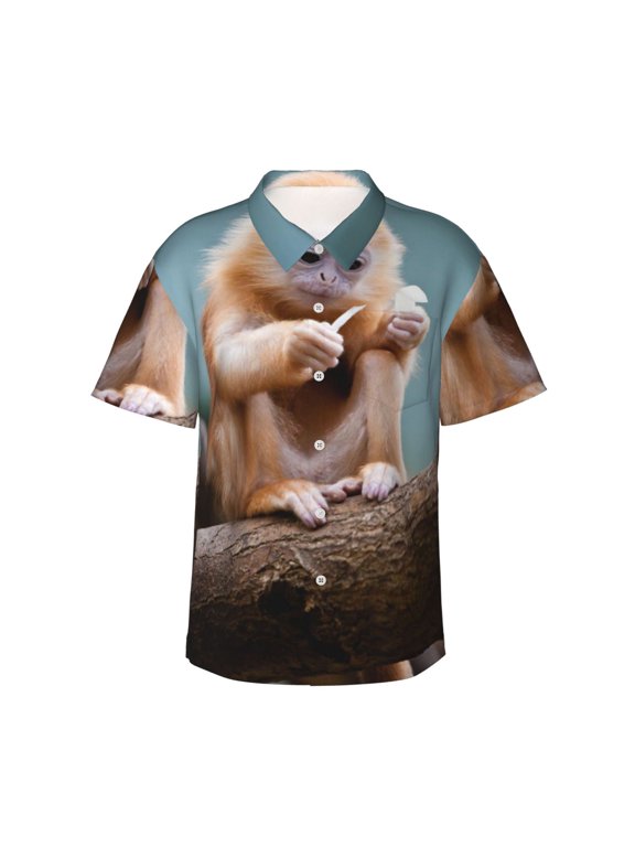 Golden Monkey Men'S 3d Print Casual Button Down Shirts, Novelty Hawaiian Short Sleeves S