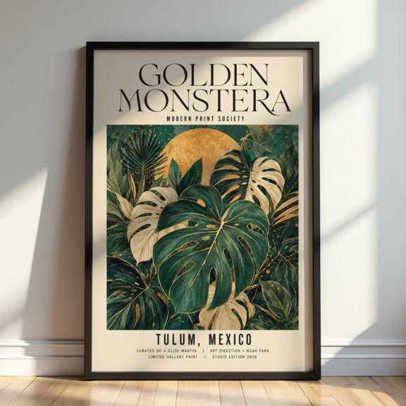 Golden Monstera Wall Art Tropical Botanical Print Tulum Mexico Monstera Leaf Decor Modern Jungle Artwork, Unframed Paper Print