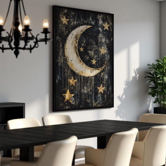 Golden Moon And Stars, Celestial Art, Wall Art, Starry Night Poster, Magical Nursery Decor, UNFRAMED PAPER POSTER