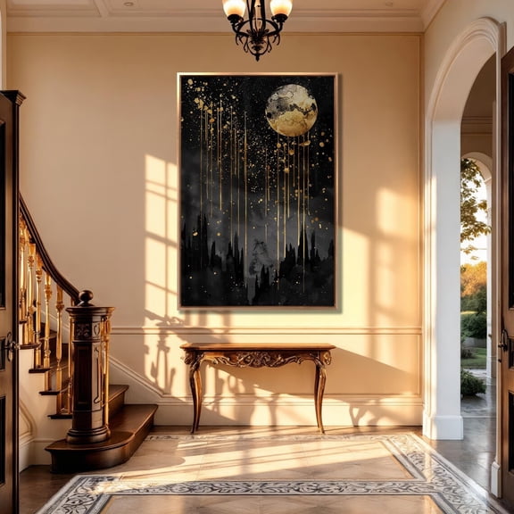 Golden Moon Art: Abstract Starry Night, Modern Celestial Wall Decor, Unframed Canvas Size 12x18