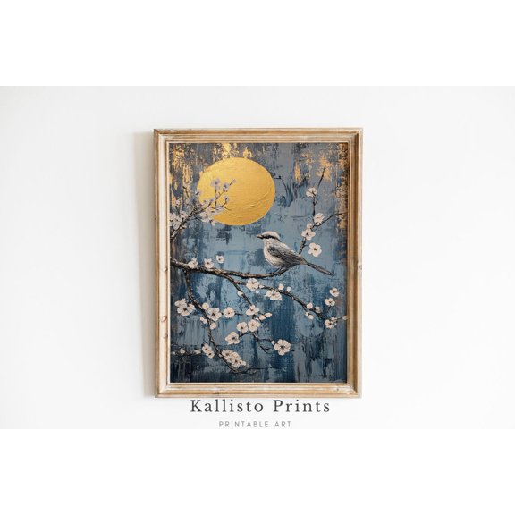 Golden Moon Bird Art Print Poster, Japanese Cherry Blossom , Tranquil Minimalist Wall Decor, Elegant Nature Artwork, 948, Size 8x12 UNFFRAMED F03.1.6l1933