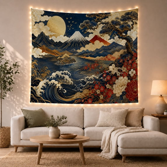 Golden Moon and Blue Waves Against a Night Sky, Mystical Japanese Inspired for Nature Lovers, Mountain Landscape Wall Art, Housewarming Gift Tapestry Wall Hanging for Bedroom and Living Room