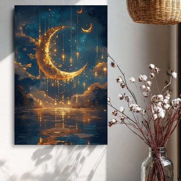 Golden Moon Celestial Canvas Wall Decor Ready to Hang Bedroom Living Room